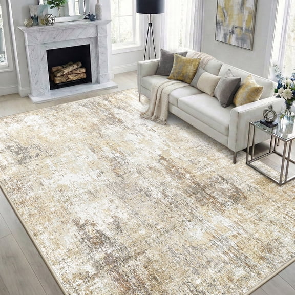 NewBuros Area Rugs 6'x9', Modern Abstract Non-Slip Washable Rugs for Living Room, Soft Low Pile Stain Resistant Indoor Carpet for Bedroom Dining Room Playroom, Neutral Brown