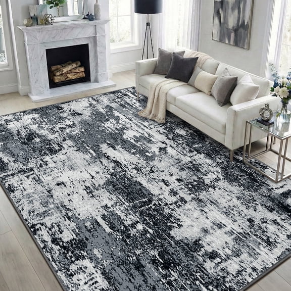 NewBuros Area Rugs 6'x9', Modern Abstract Non-Slip Washable Rugs for Living Room, Soft Low Pile Stain Resistant Indoor Carpet for Bedroom Dining Room Playroom, Black