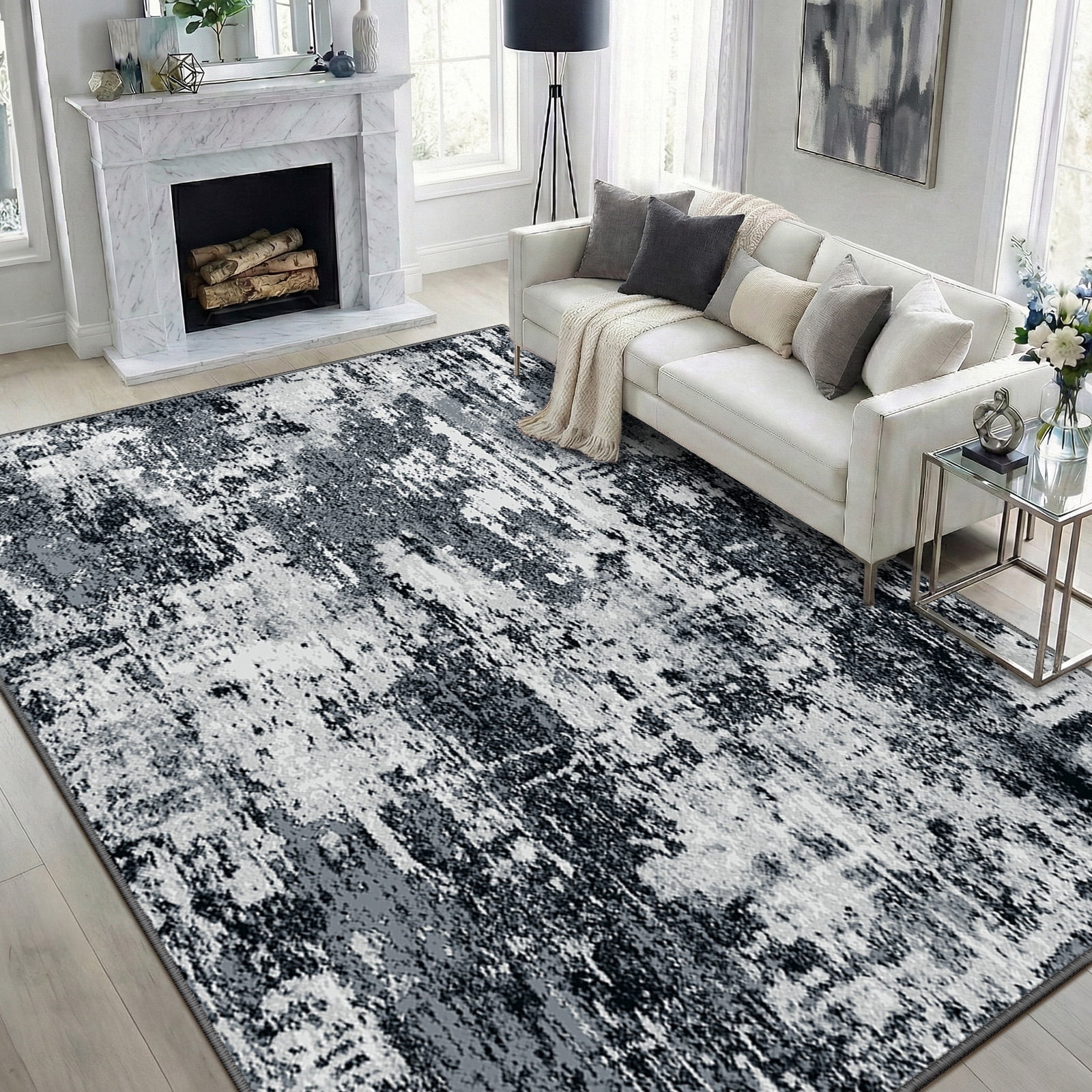 NewBuros Area Rugs 6'x9', Modern Abstract Non-Slip Washable Rugs for Living Room, Soft Low Pile Stain Resistant Indoor Carpet for Bedroom Dining Room Playroom, Black