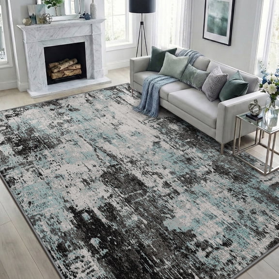 NewBuros Area Rugs 6'x9', Modern Abstract Non-Slip Washable Rugs for Living Room, Soft Low Pile Stain Resistant Indoor Carpet for Bedroom Dining Room Playroom, Blue Black