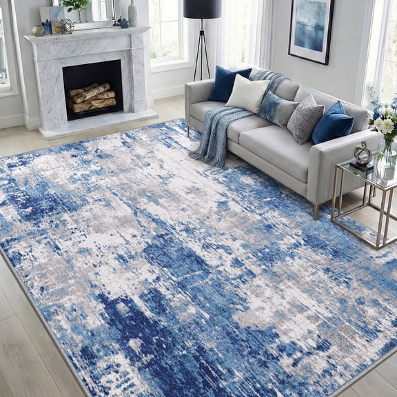 NewBuros Area Rugs 6'x9', Modern Abstract Non-Slip Washable Rugs for Living Room, Soft Low Pile Stain Resistant Indoor Carpet for Bedroom Dining Room Playroom, Gray Blue