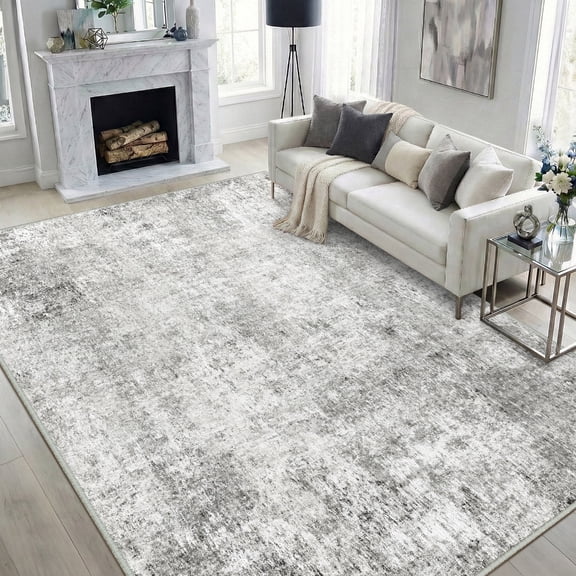 NewBuros Area Rugs 6'x9', Modern Abstract Non-Slip Washable Rugs for Living Room, Soft Low Pile Stain Resistant Indoor Carpet for Bedroom Dining Room Playroom, Gray White