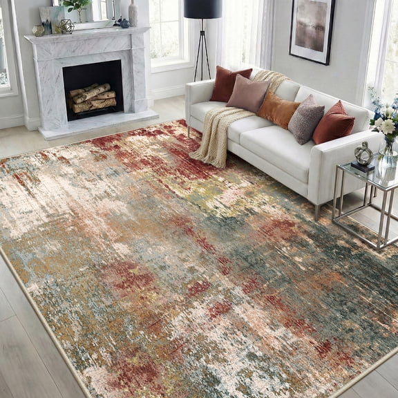 NewBuros Area Rugs 6'x9', Modern Abstract Non-Slip Washable Rugs for Living Room, Soft Low Pile Stain Resistant Indoor Carpet for Bedroom Dining Room Playroom, Red Brown