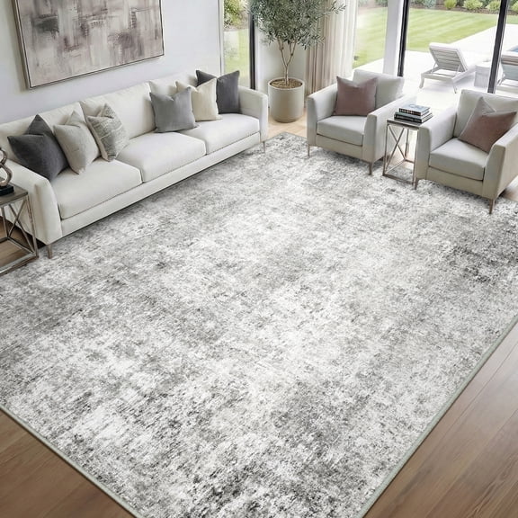 NewBuros Area Rugs 8'x10', Modern Abstract Non-Slip Washable Rugs for Living Room, Soft Low Pile Stain Resistant Indoor Carpet for Bedroom Dining Room Playroom, Gray White