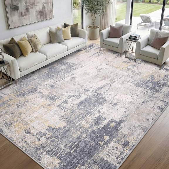 NewBuros Area Rugs 8'x10', Modern Abstract Non-Slip Washable Rugs for Living Room, Soft Low Pile Stain Resistant Indoor Carpet for Bedroom Dining Room Playroom, Gray Yellow