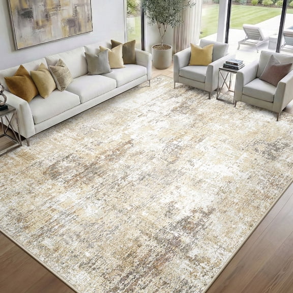 NewBuros Area Rugs 8'x10', Modern Abstract Non-Slip Washable Rugs for Living Room, Soft Low Pile Stain Resistant Indoor Carpet for Bedroom Dining Room Playroom, Neutral Brown