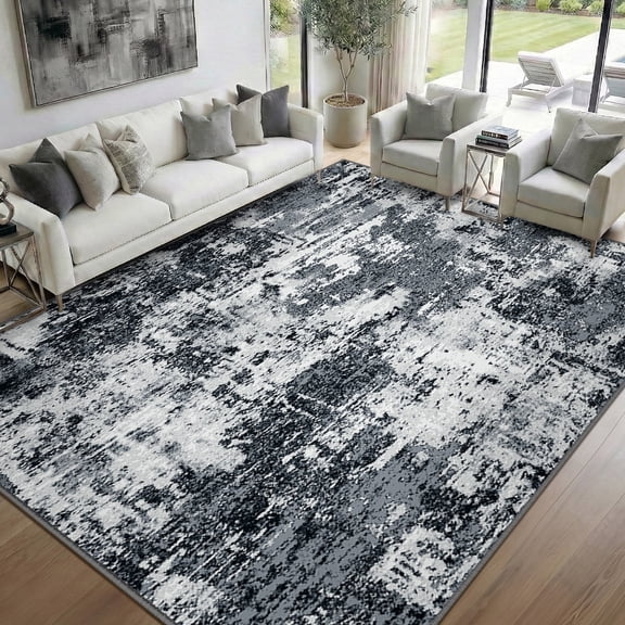 NewBuros Area Rugs 8'x10', Modern Abstract Non-Slip Washable Rugs for Living Room, Soft Low Pile Stain Resistant Indoor Carpet for Bedroom Dining Room Playroom, Black