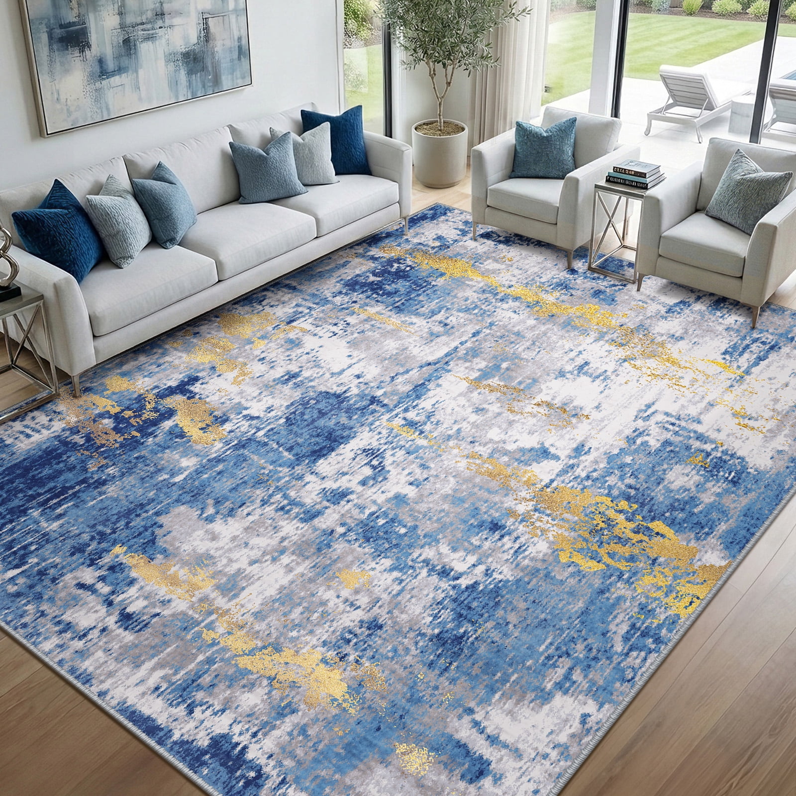 NewBuros Area Rugs 8'x10', Modern Abstract Non-Slip Washable Rugs for Living Room, Soft Low Pile Stain Resistant Indoor Carpet for Bedroom Dining Room Playroom, Blue Gold