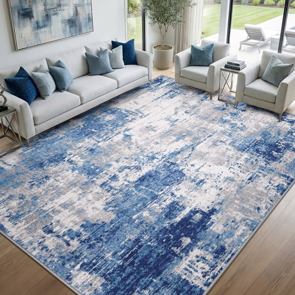 NewBuros Area Rugs 8'x10', Modern Abstract Non-Slip Washable Rugs for Living Room, Soft Low Pile Stain Resistant Indoor Carpet for Bedroom Dining Room Playroom, Gray Blue