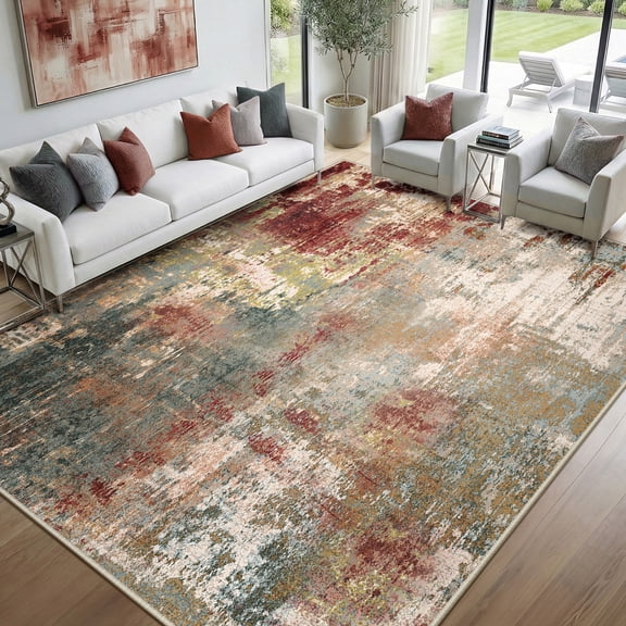 NewBuros Area Rugs 8'x10', Modern Abstract Non-Slip Washable Rugs for Living Room, Soft Low Pile Stain Resistant Indoor Carpet for Bedroom Dining Room Playroom, Red Brown