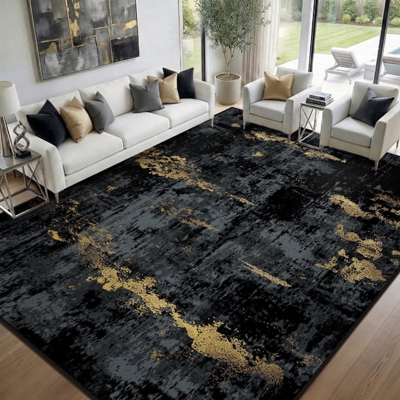 NewBuros Area Rugs 9'x12', Modern Abstract Non-Slip Washable Rugs for Living Room, Soft Low Pile Stain Resistant Indoor Carpet for Bedroom Dining Room Playroom, Dark Black Gold