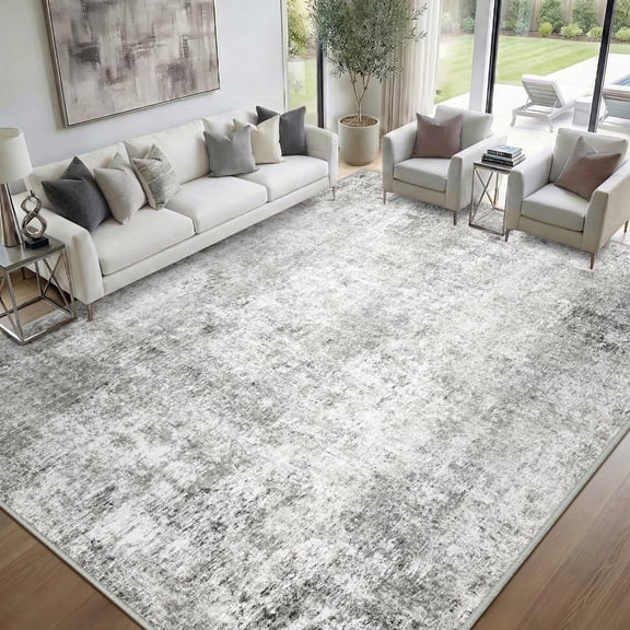 NewBuros Area Rugs 9'x12', Modern Abstract Non-Slip Washable Rugs for Living Room, Soft Low Pile Stain Resistant Indoor Carpet for Bedroom Dining Room Playroom, Gray White