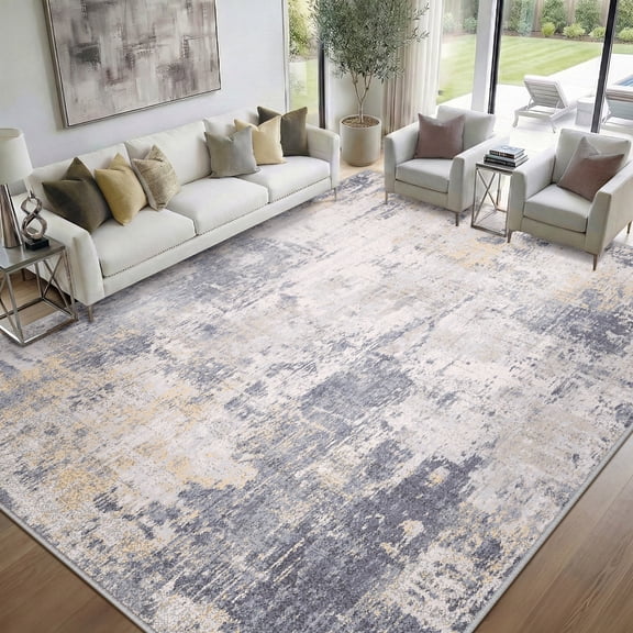 NewBuros Area Rugs 9'x12', Modern Abstract Non-Slip Washable Rugs for Living Room, Soft Low Pile Stain Resistant Indoor Carpet for Bedroom Dining Room Playroom, Gray Yellow