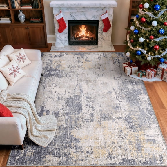 NewBuros Area Rugs 9'x12', Modern Abstract Non-Slip Washable Rugs for Living Room, Soft Low Pile Stain Resistant Indoor Carpet for Bedroom Dining Room Playroom, Gray Yellow