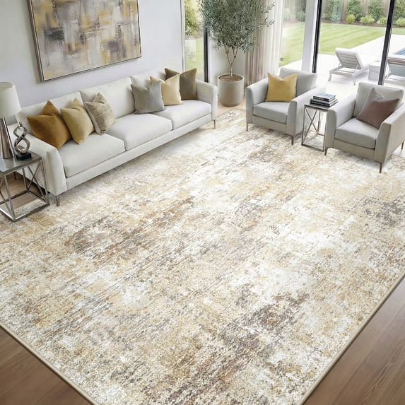 NewBuros Area Rugs 9'x12', Modern Abstract Non-Slip Washable Rugs for Living Room, Soft Low Pile Stain Resistant Indoor Carpet for Bedroom Dining Room Playroom, Neutral Brown