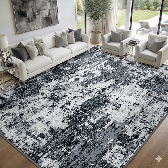 NewBuros Area Rugs 9'x12', Modern Abstract Non-Slip Washable Rugs for Living Room, Soft Low Pile Stain Resistant Indoor Carpet for Bedroom Dining Room Playroom, Black