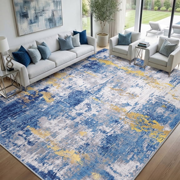 NewBuros Area Rugs 9'x12', Modern Abstract Non-Slip Washable Rugs for Living Room, Soft Low Pile Stain Resistant Indoor Carpet for Bedroom Dining Room Playroom, Blue Gold