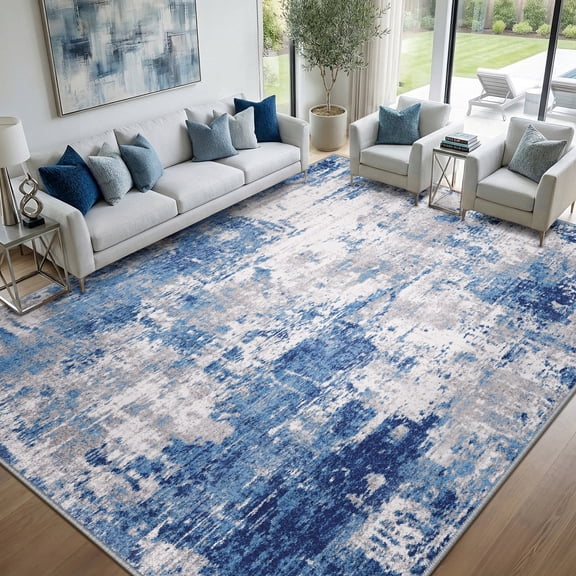 NewBuros Area Rugs 9'x12', Modern Abstract Non-Slip Washable Rugs for Living Room, Soft Low Pile Stain Resistant Indoor Carpet for Bedroom Dining Room Playroom, Gray Blue