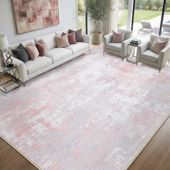NewBuros Area Rugs 9'x12', Modern Abstract Non-Slip Washable Rugs for Living Room, Soft Low Pile Stain Resistant Indoor Carpet for Bedroom Dining Room Playroom, Gray Pink
