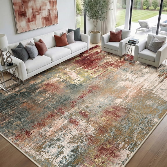 NewBuros Area Rugs 9'x12', Modern Abstract Non-Slip Washable Rugs for Living Room, Soft Low Pile Stain Resistant Indoor Carpet for Bedroom Dining Room Playroom, Red Brown