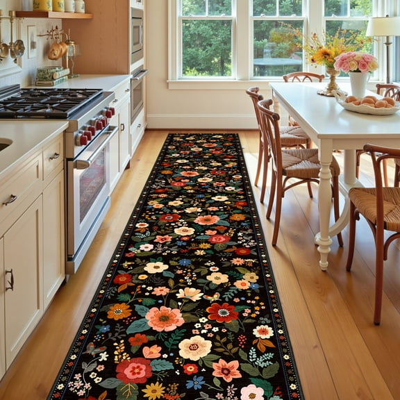 NewBuros 2'x10' Runner Rugs for Hallway, Boho Non Slip Washable Rug, Stain Resistant Soft Low Pile Indoor Floral Carpet for Entryway Kitchen Dining Room, Black