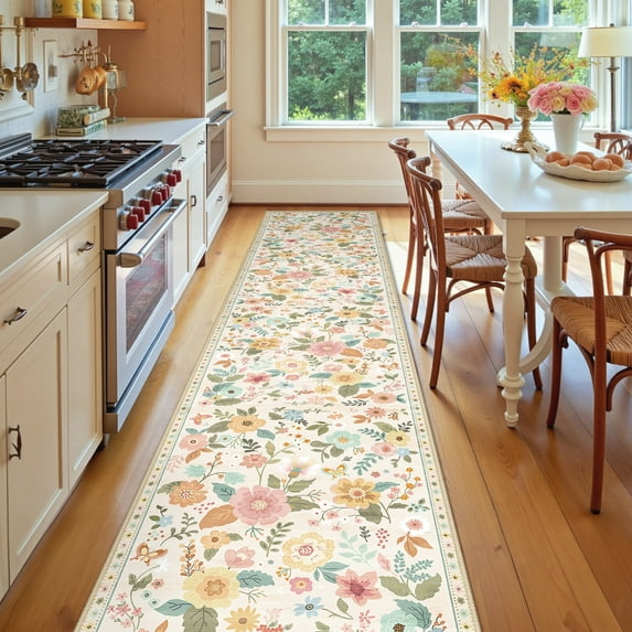 NewBuros 2'x10' Runner Rugs for Hallway, Boho Non Slip Washable Rug, Stain Resistant Soft Low Pile Indoor Floral Carpet for Entryway Kitchen Dining Room, Gream White