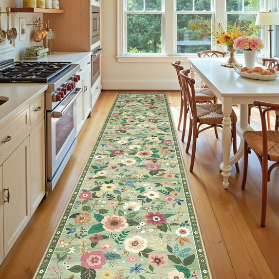 NewBuros 2'x10' Runner Rugs for Hallway, Boho Non Slip Washable Rug, Stain Resistant Soft Low Pile Indoor Floral Carpet for Entryway Kitchen Dining Room, Light Green