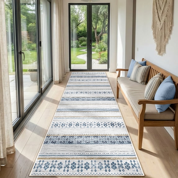 NewBuros 2'x10' Runner Rugs, Machine Washable Rug Boho Moroccan Neutral Geometric Soft Indoor Rug, Low Pile Non-Slip Modern Runner Rug for Hallway Kitchen Entryway, Blue Brown