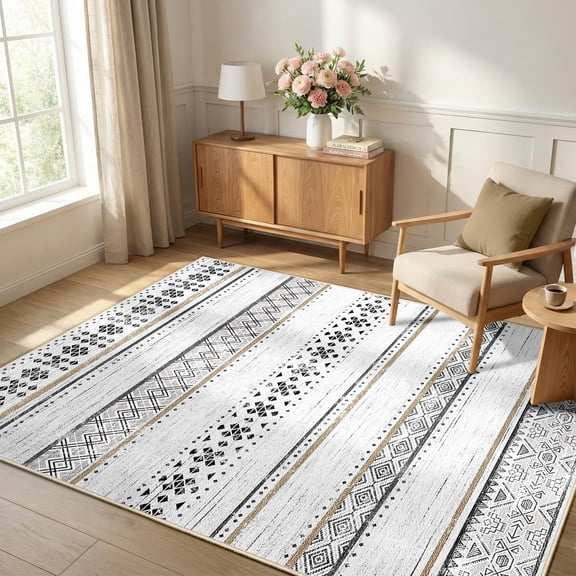 NewBuros 4'x6' Area Rugs for Living Room, Machine Washable Rug Non-Slip, Soft Low Pile Boho Moroccan Neutral Geometric Indoor Rug for Bedroom Kitchen Dining Room, Black Brown