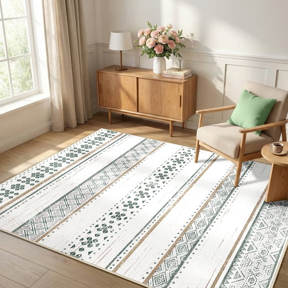 NewBuros 4'x6' Area Rugs for Living Room, Machine Washable Rug Non-Slip, Soft Low Pile Boho Moroccan Neutral Geometric Indoor Rug for Bedroom Kitchen Dining Room, Green