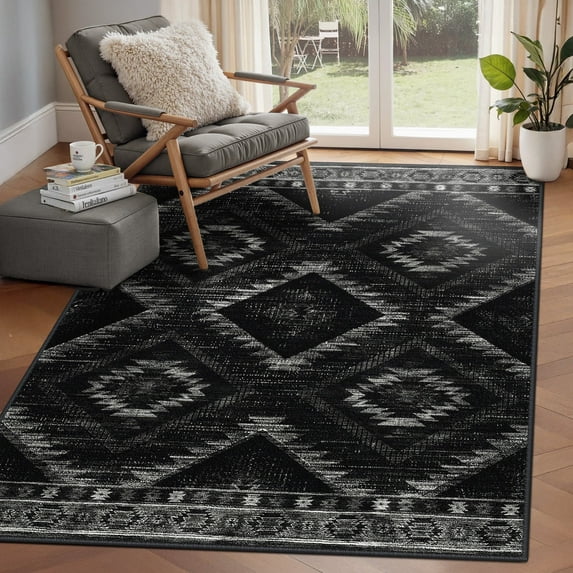 NewBuros 4'x6' Area Rugs for Living Room, Non-Slip Machine Washable Rugs, Soft Stain Resistant Low Pile Vintage Distressed Print Western Indoor Carpet, Black