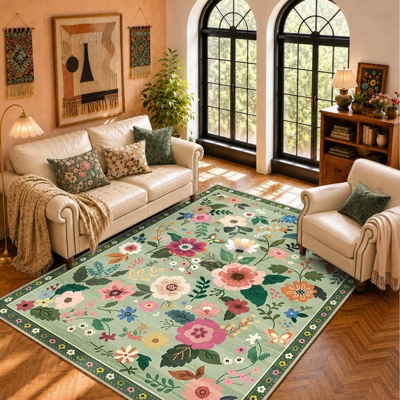 NewBuros 5'x7' Area Rug, Boho Floral Washable Rug, Non Slip Stain Resistant Soft Low Pile Rug for Living Room, Bedroom, Dining Room & Office, Light Green
