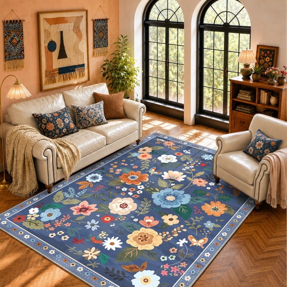 NewBuros 5'x7' Area Rug, Boho Floral Washable Rug, Non Slip Stain Resistant Soft Low Pile Rug for Living Room, Bedroom, Dining Room & Office, Gray Blue