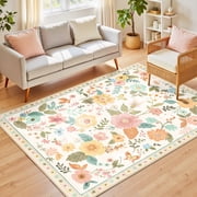 NewBuros 5'x7' Area Rugs, Boho Non Slip Washable Rugs for Living Room, Stain Resistant Soft Low Pile Indoor Floral Carpet for Bedroom Dining Room Office, Cream 