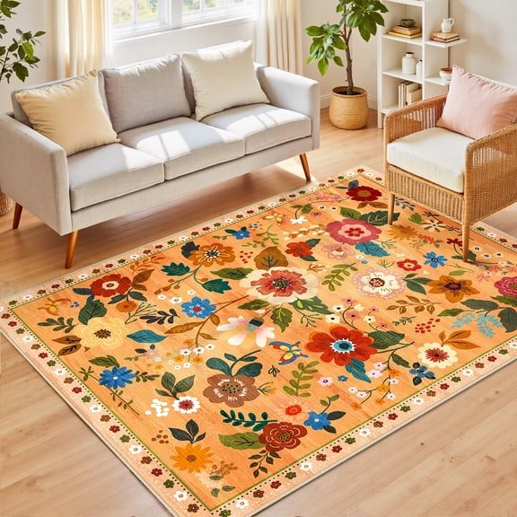 NewBuros 5'x7' Area Rugs, Boho Non Slip Washable Rugs for Living Room, Stain Resistant Soft Low Pile Indoor Floral Carpet for Bedroom Dining Room Office, Yellow Orange