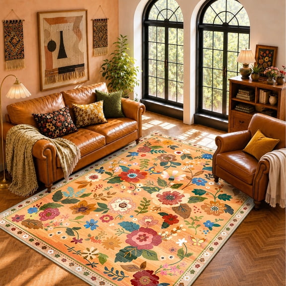 NewBuros 5'x7' Area Rugs, Boho Non Slip Washable Rugs for Living Room, Stain Resistant Soft Low Pile Indoor Floral Carpet for Bedroom Dining Room Office, Yellow Orange