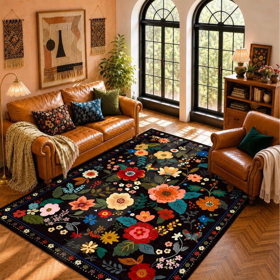 NewBuros 5'x7' Area Rugs, Boho Non Slip Washable Rugs for Living Room, Stain Resistant Soft Low Pile Indoor Floral Carpet for Bedroom Dining Room Office, Black