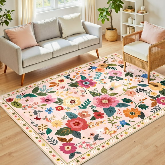 NewBuros 5'x7' Area Rugs, Boho Non Slip Washable Rugs for Living Room, Stain Resistant Soft Low Pile Indoor Floral Carpet for Bedroom Dining Room Office, Pink Beige