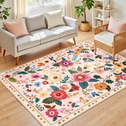 NewBuros 5'x7' Area Rugs, Boho Non Slip Washable Rugs for Living Room, Stain Resistant Soft Low Pile Indoor Floral Carpet for Bedroom Dining Room Office, Pink B