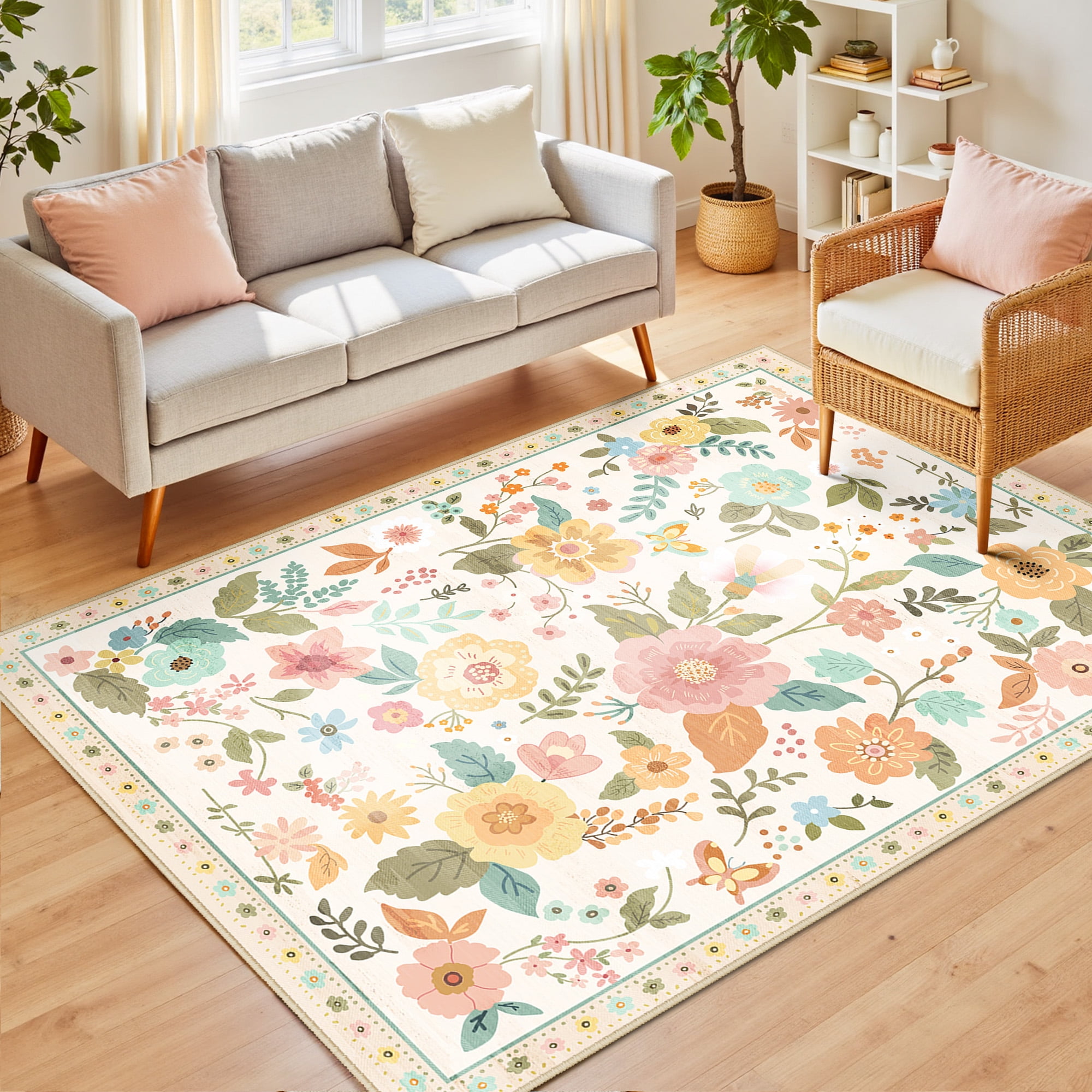 NewBuros 5'x7' Area Rugs, Boho Non Slip Washable Rugs for Living Room, Stain Resistant Soft Low Pile Indoor Floral Carpet for Bedroom Dining Room Office, Cream White