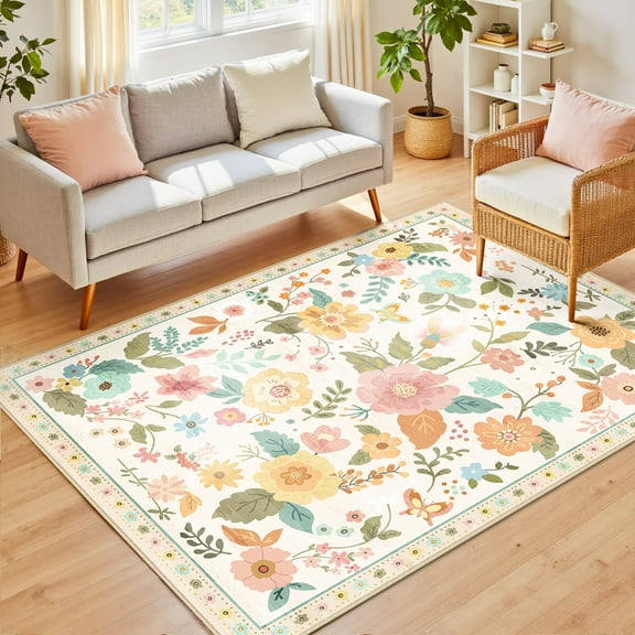 NewBuros 5'x7' Area Rugs, Boho Non Slip Washable Rugs for Living Room, Stain Resistant Soft Low Pile Indoor Floral Carpet for Bedroom Dining Room Office, Cream White