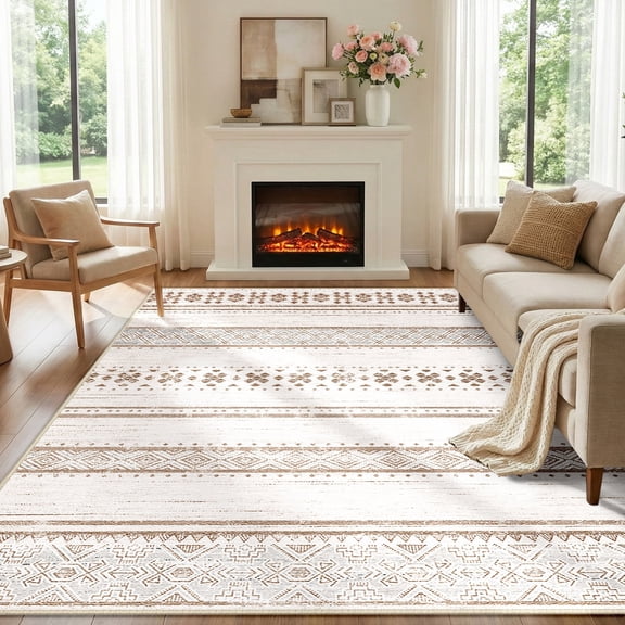 NewBuros 5'x7' Area Rugs for Living Room, Machine Washable Rug Non-Slip, Soft Low Pile Boho Moroccan Neutral Geometric Indoor Rug for Bedroom Kitchen Dining Room, Cream Brown