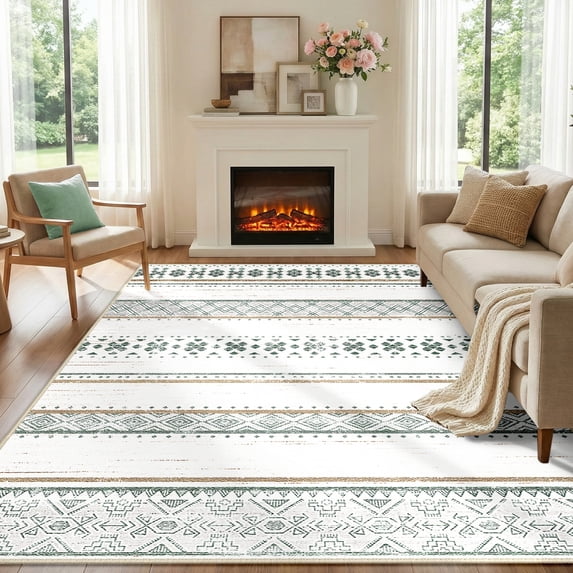 NewBuros 5'x7' Area Rugs for Living Room, Washable Rug Boho Moroccan Neutral Geometric Soft Indoor Rug, Low Pile Non-Slip Print Pattern Rug for Bedroom Dining Room, Green