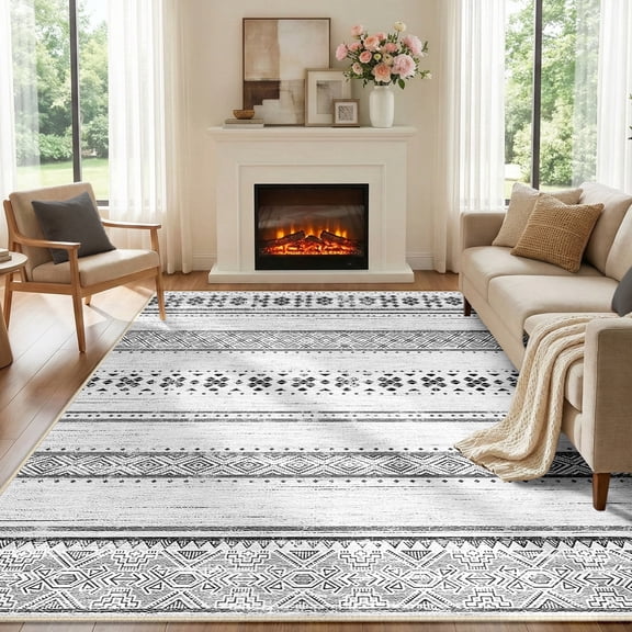 NewBuros 5'x7' Area Rugs for Living Room, Machine Washable Rug Non-Slip, Soft Low Pile Boho Moroccan Neutral Geometric Indoor Rug for Bedroom Kitchen Dining Room, Gray Black