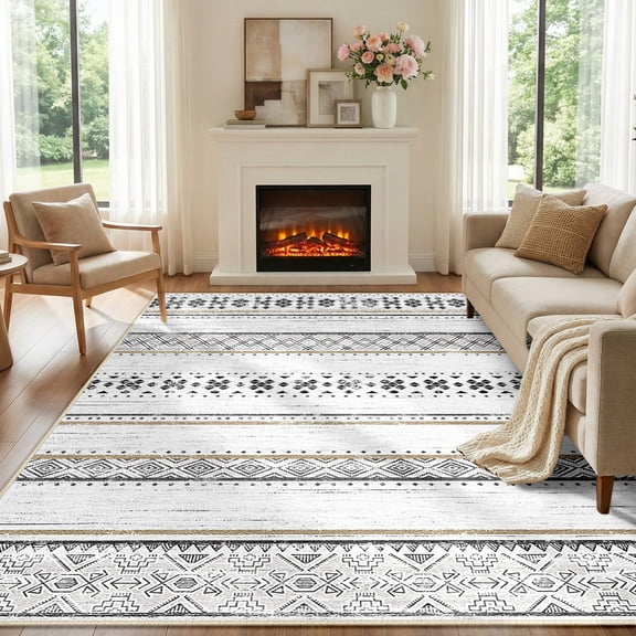 NewBuros 5'x7' Area Rugs for Living Room, Washable Rug Boho Moroccan Neutral Geometric Soft Indoor Rug, Low Pile Non-Slip Print Pattern Rug for Bedroom Dining Room, Black Brown