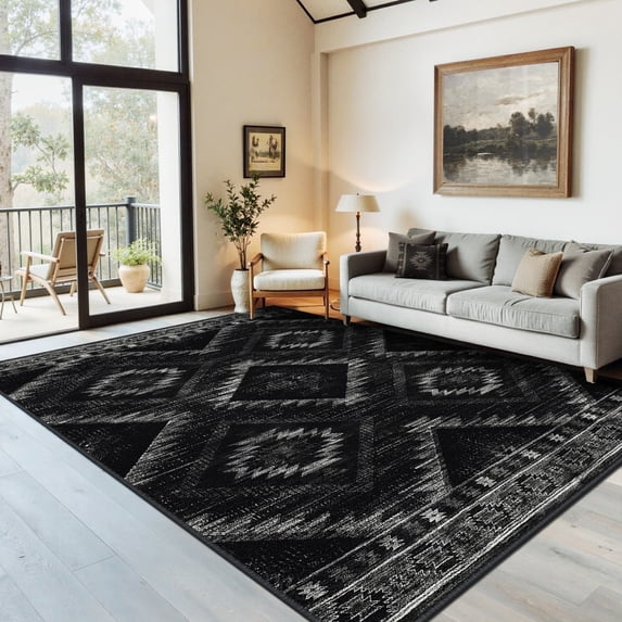 NewBuros 5'x7' Area Rugs for Living Room, Non-Slip Machine Washable Rugs, Soft Stain Resistant Low Pile Vintage Distressed Print Western Indoor Carpet, Black