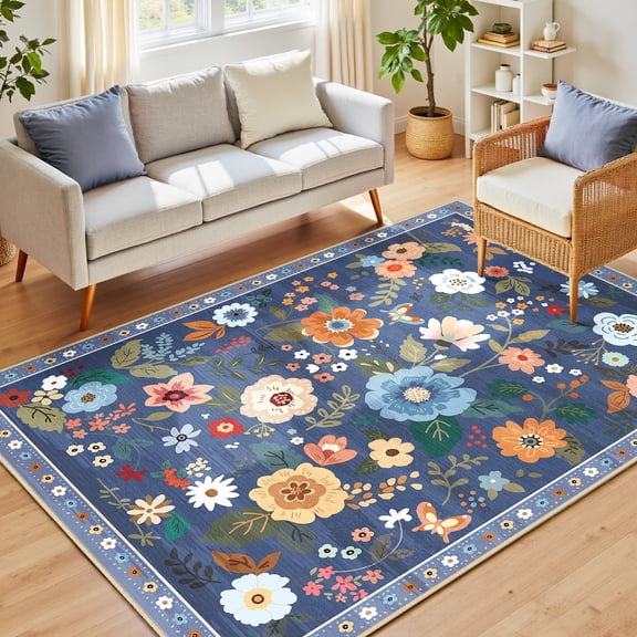 NewBuros 6'x9' Area Rugs, Boho Non Slip Washable Rugs for Living Room, Stain Resistant Soft Low Pile Indoor Floral Carpet for Bedroom Dining Room Office, Gray Blue