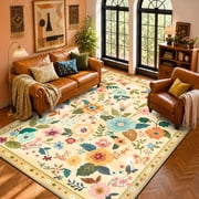 NewBuros 6'x9' Area Rug, Boho Floral Washable Rug, Non Slip Stain Resistant Soft Low Pile Rug for Living Room, Bedroom, Dining Room & Office, Ivory Yellow