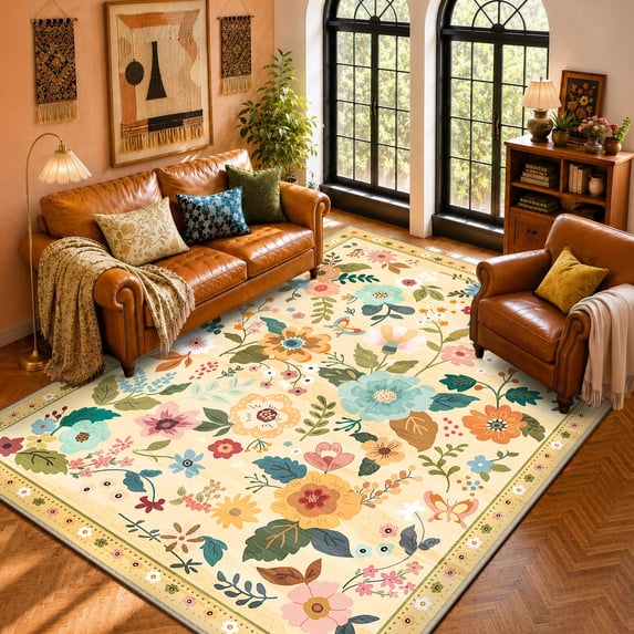 NewBuros 6'x9' Area Rug, Boho Floral Washable Rug, Non Slip Stain Resistant Soft Low Pile Rug for Living Room, Bedroom, Dining Room & Office, Ivory Yellow