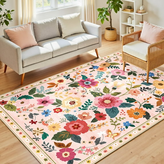 NewBuros 6'x9' Area Rugs, Boho Non Slip Washable Rugs for Living Room, Stain Resistant Soft Low Pile Indoor Floral Carpet for Bedroom Dining Room Office, Pink Beige